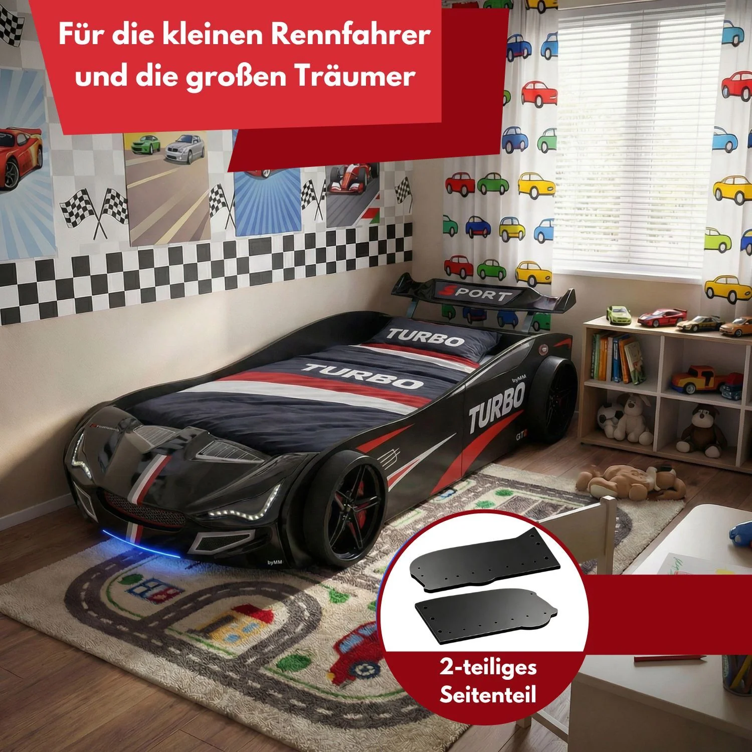 Autobett GTE Kinderbett 90 x 200 im Rennwagen Design mit Lattenrost, Licht & Motorengeräuschen - Image 12