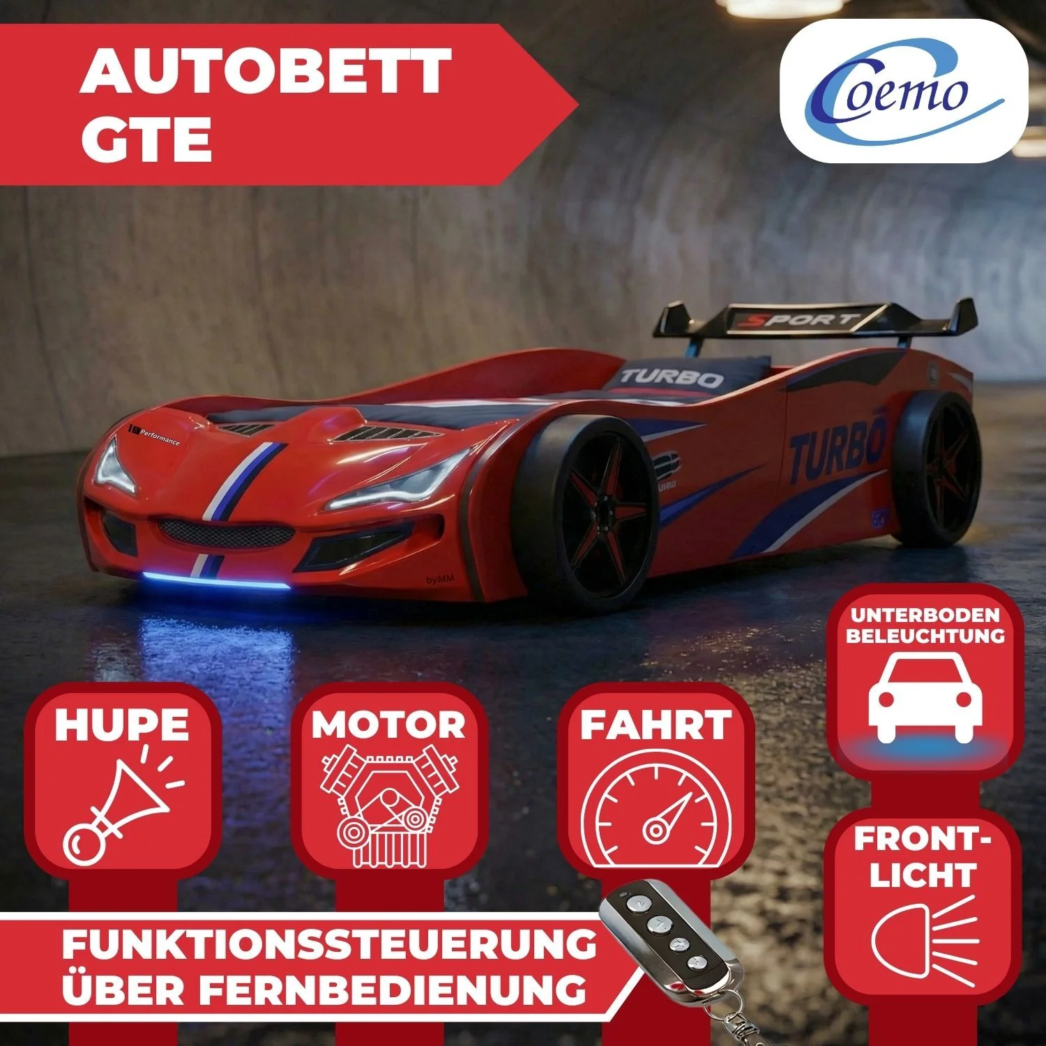 Autobett GTE Kinderbett 90 x 200 im Rennwagen Design mit Lattenrost, Licht & Motorengeräuschen - Image 16