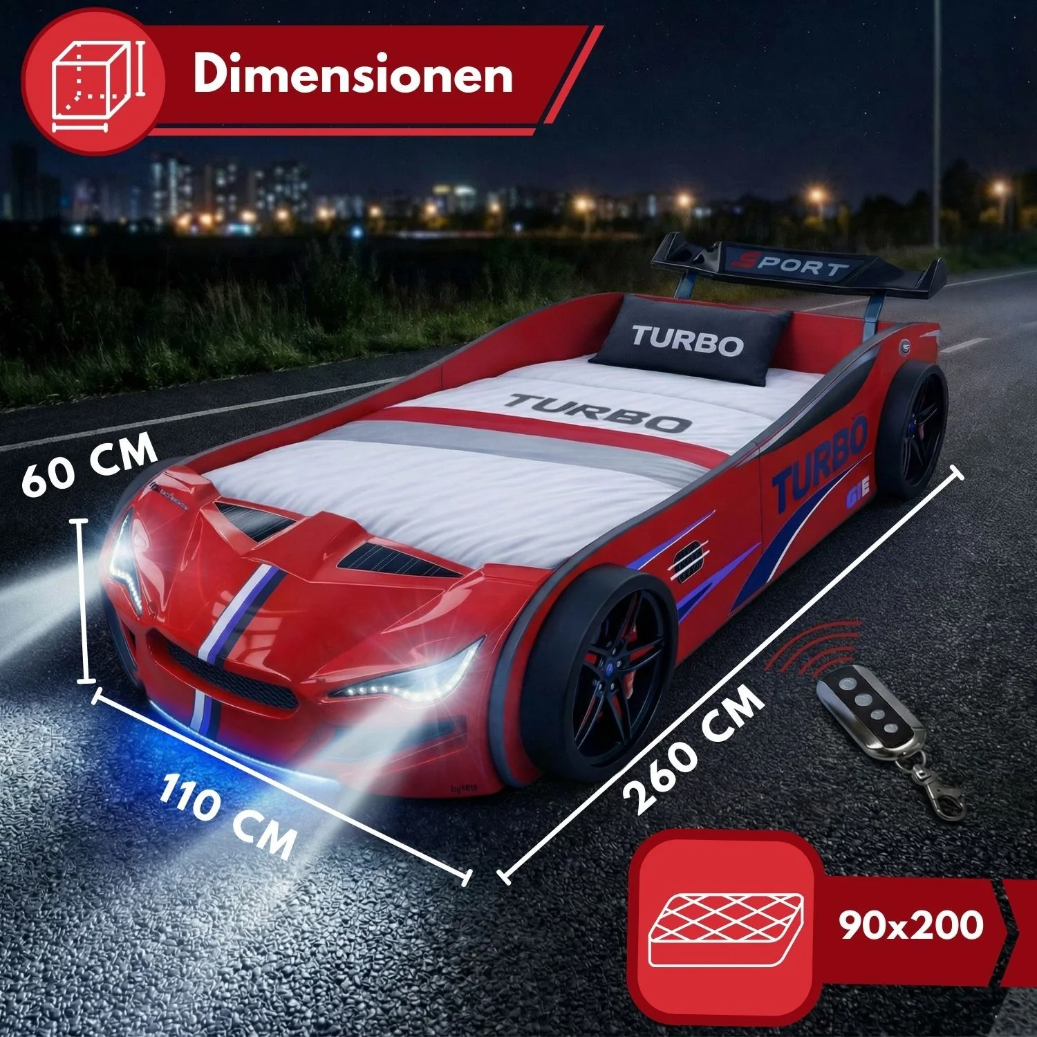 Autobett GTE Kinderbett 90 x 200 im Rennwagen Design mit Lattenrost, Licht & Motorengeräuschen - Image 17