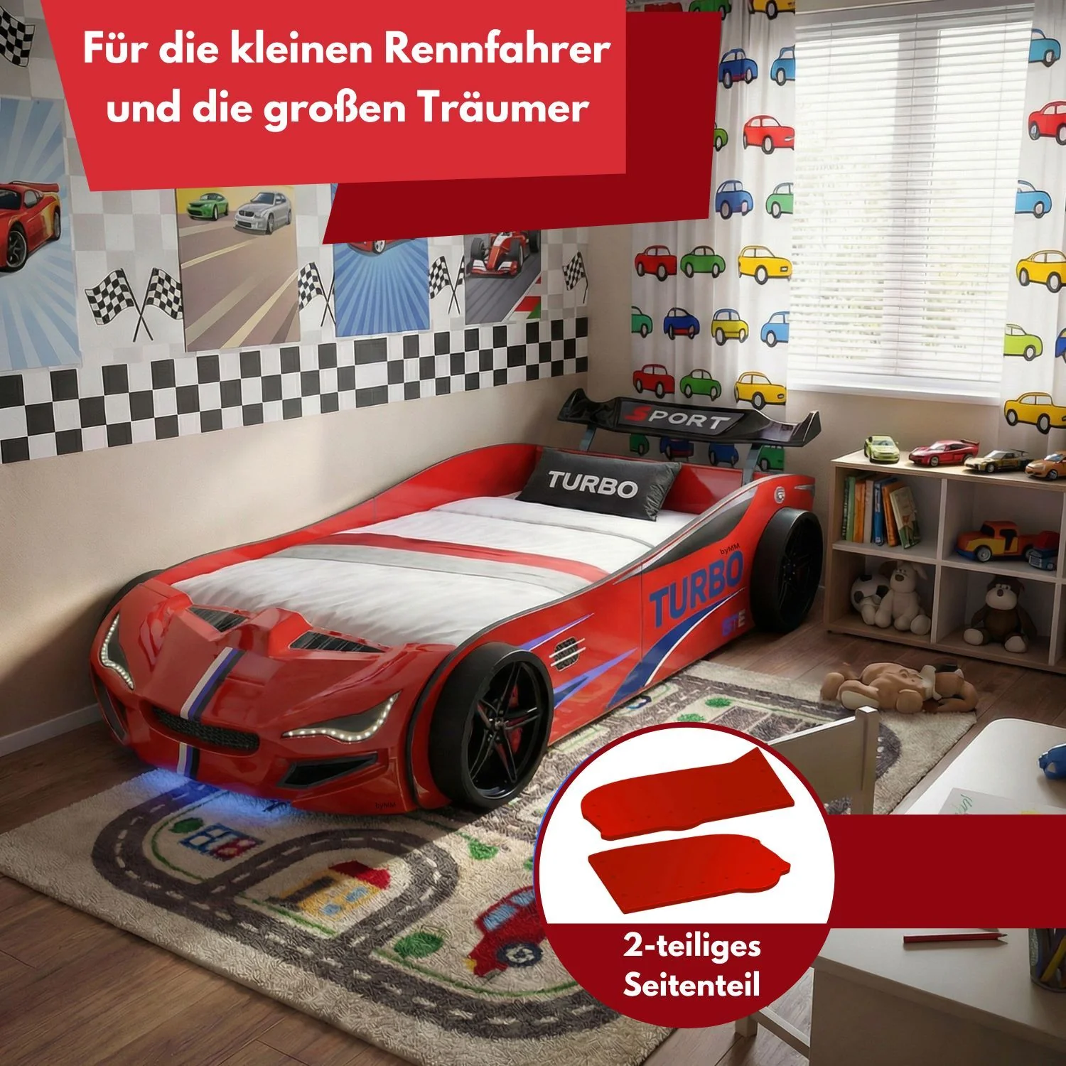 Autobett GTE Kinderbett 90 x 200 im Rennwagen Design mit Lattenrost, Licht & Motorengeräuschen - Image 19