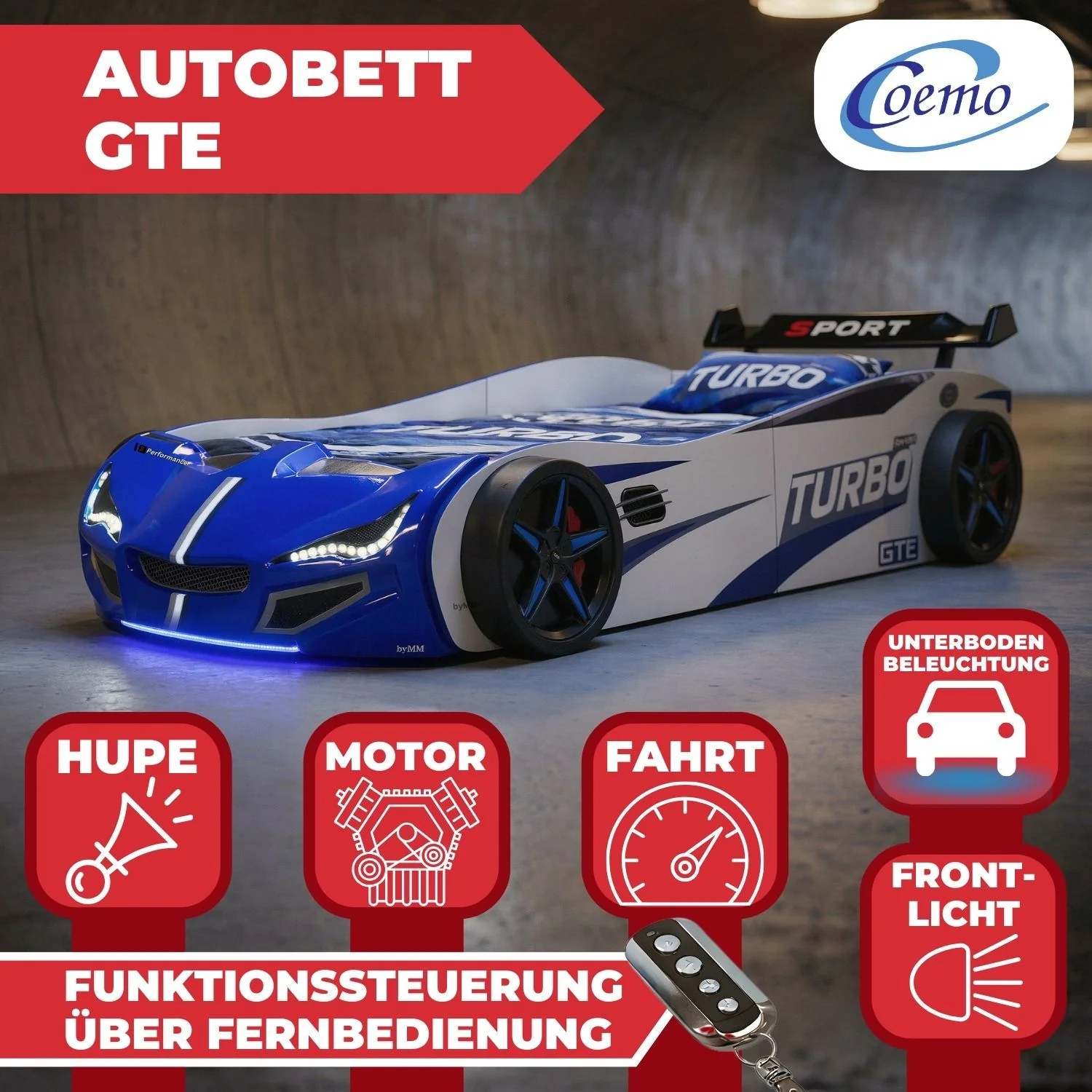 Autobett GTE Kinderbett 90 x 200 im Rennwagen Design mit Lattenrost, Licht & Motorengeräuschen - Image 23