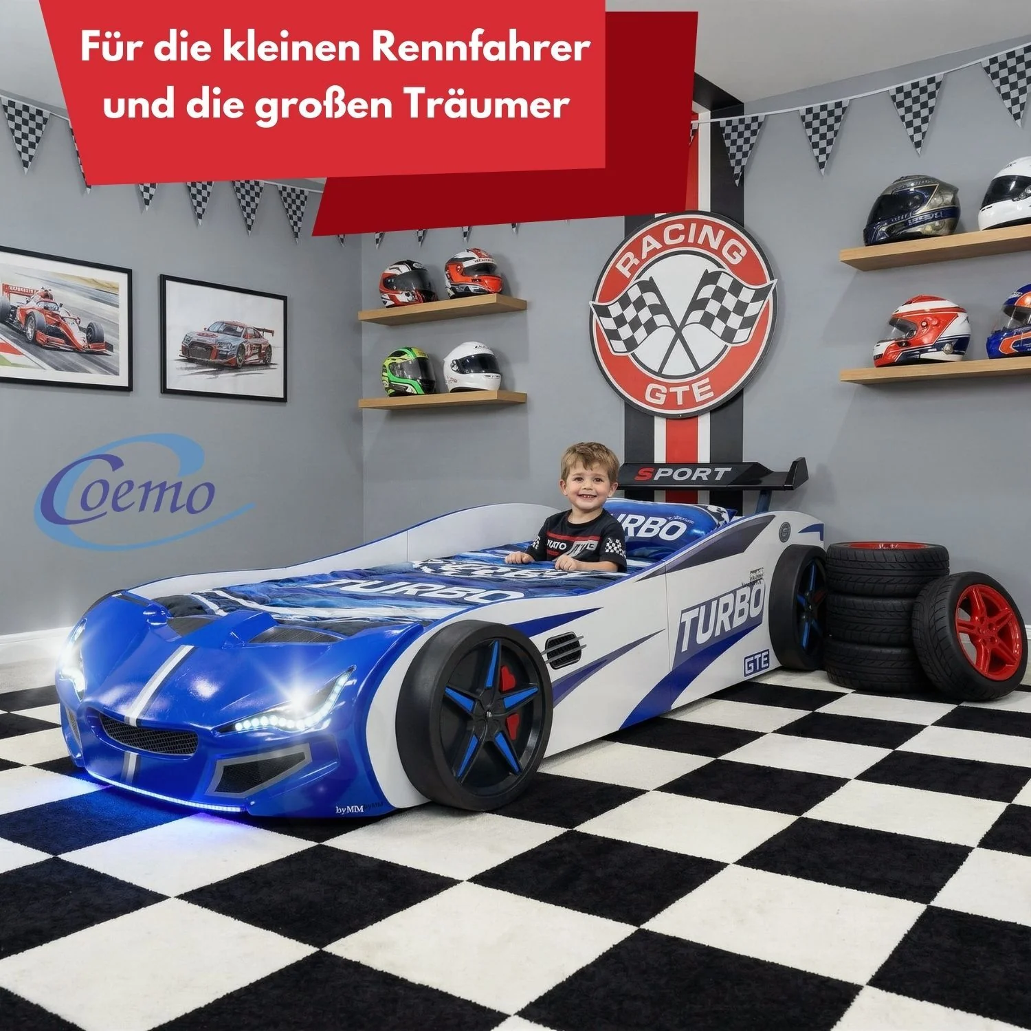 Autobett GTE Kinderbett 90 x 200 im Rennwagen Design mit Lattenrost, Licht & Motorengeräuschen - Image 28