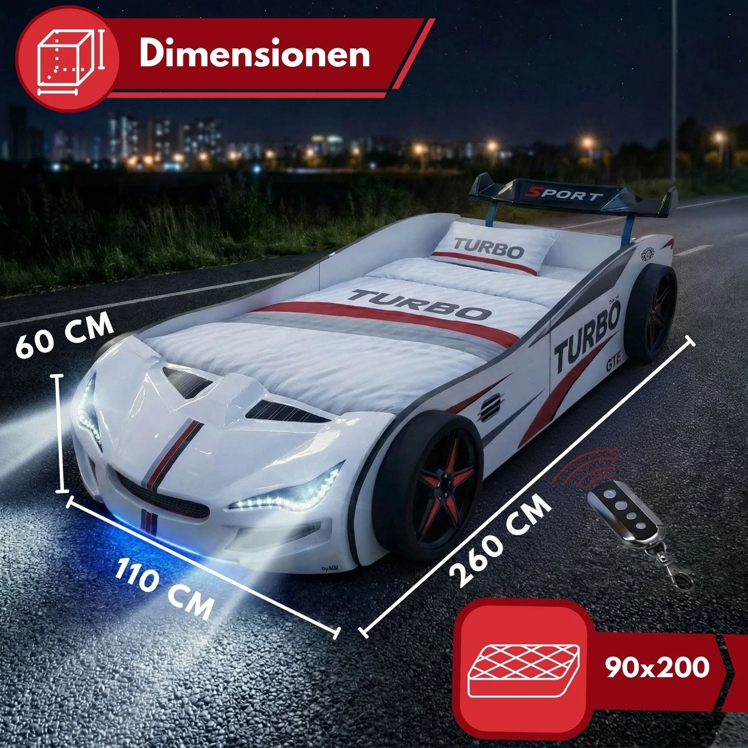 Autobett GTE Kinderbett 90 x 200 im Rennwagen Design mit Lattenrost, Licht & Motorengeräuschen - Image 3