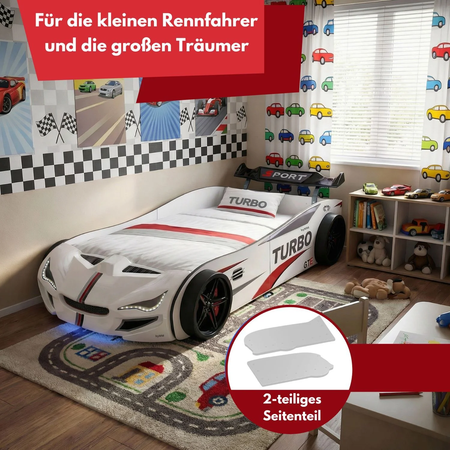 Autobett GTE Kinderbett 90 x 200 im Rennwagen Design mit Lattenrost, Licht & Motorengeräuschen - Image 5