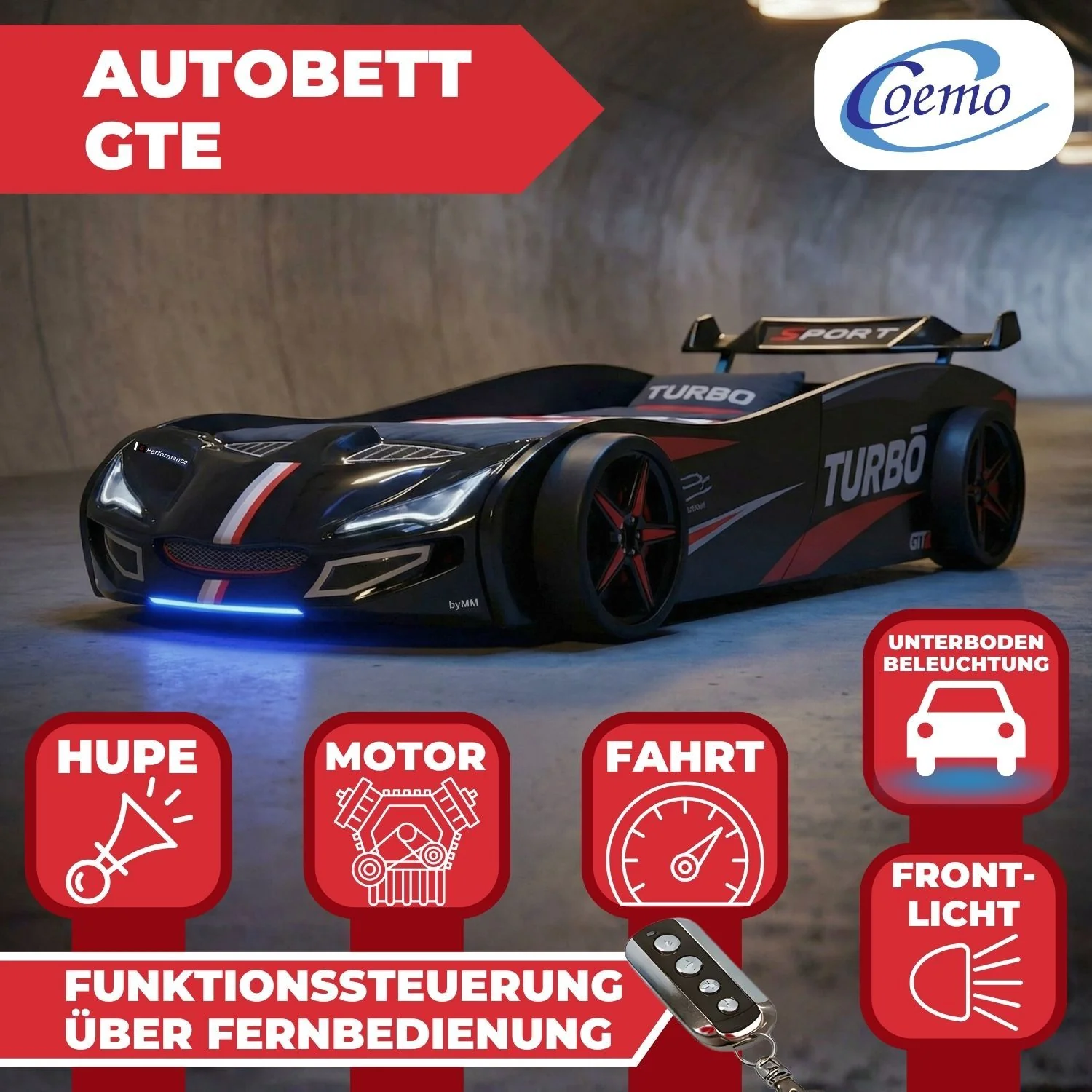 Autobett GTE Kinderbett 90 x 200 im Rennwagen Design mit Lattenrost, Licht & Motorengeräuschen - Image 9