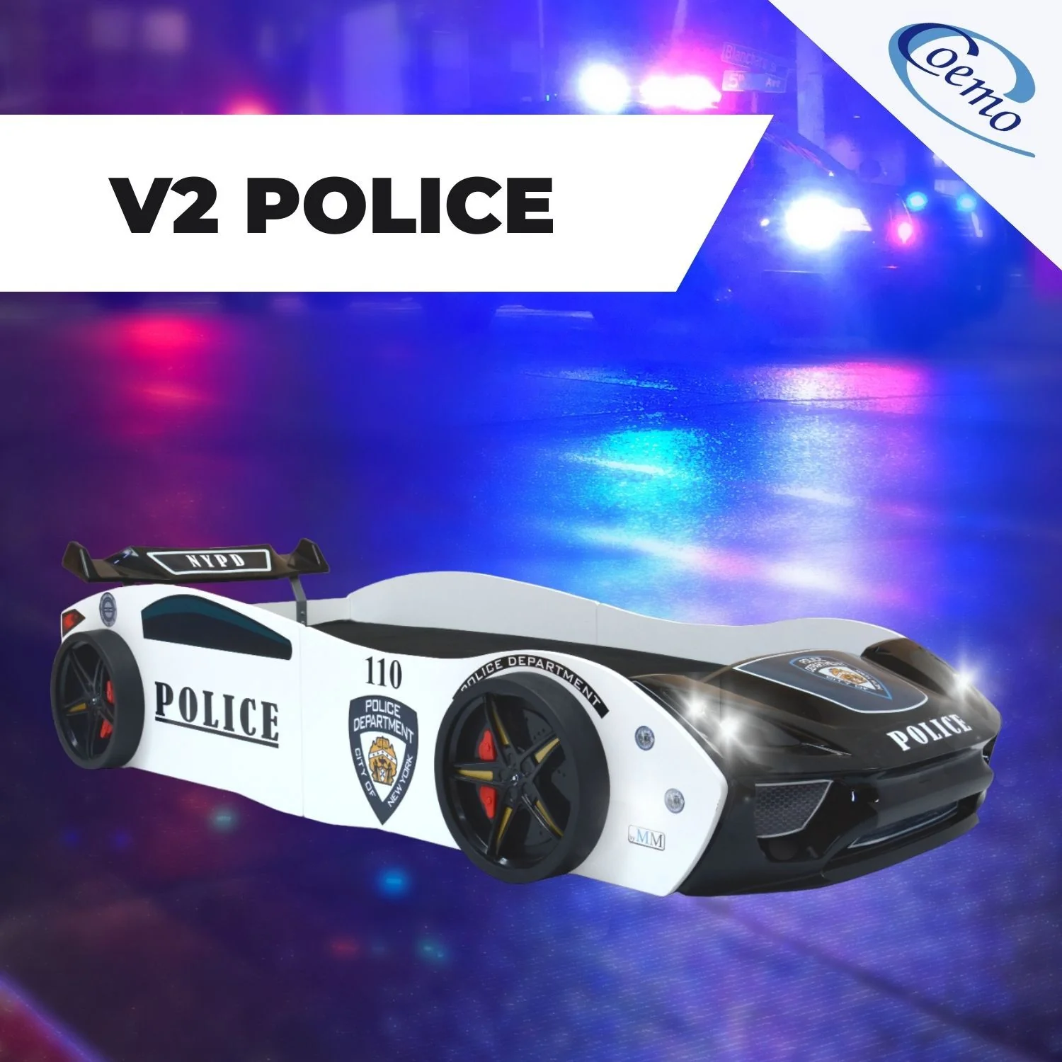 B-Ware Autobett POLICE Kinderbett 90x200 weiß inkl Spoiler, LED-Licht, Lattenrost - Image 3