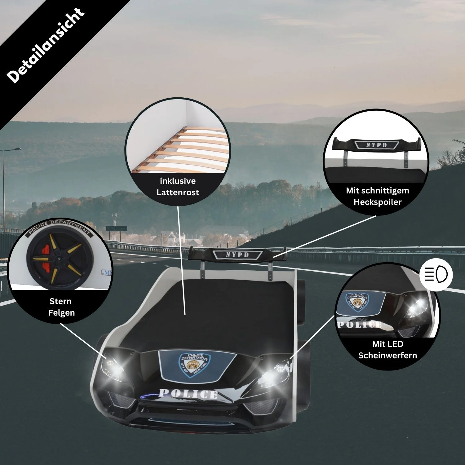 B-Ware Autobett POLICE Kinderbett 90x200 weiß inkl Spoiler, LED-Licht, Lattenrost - Image 4