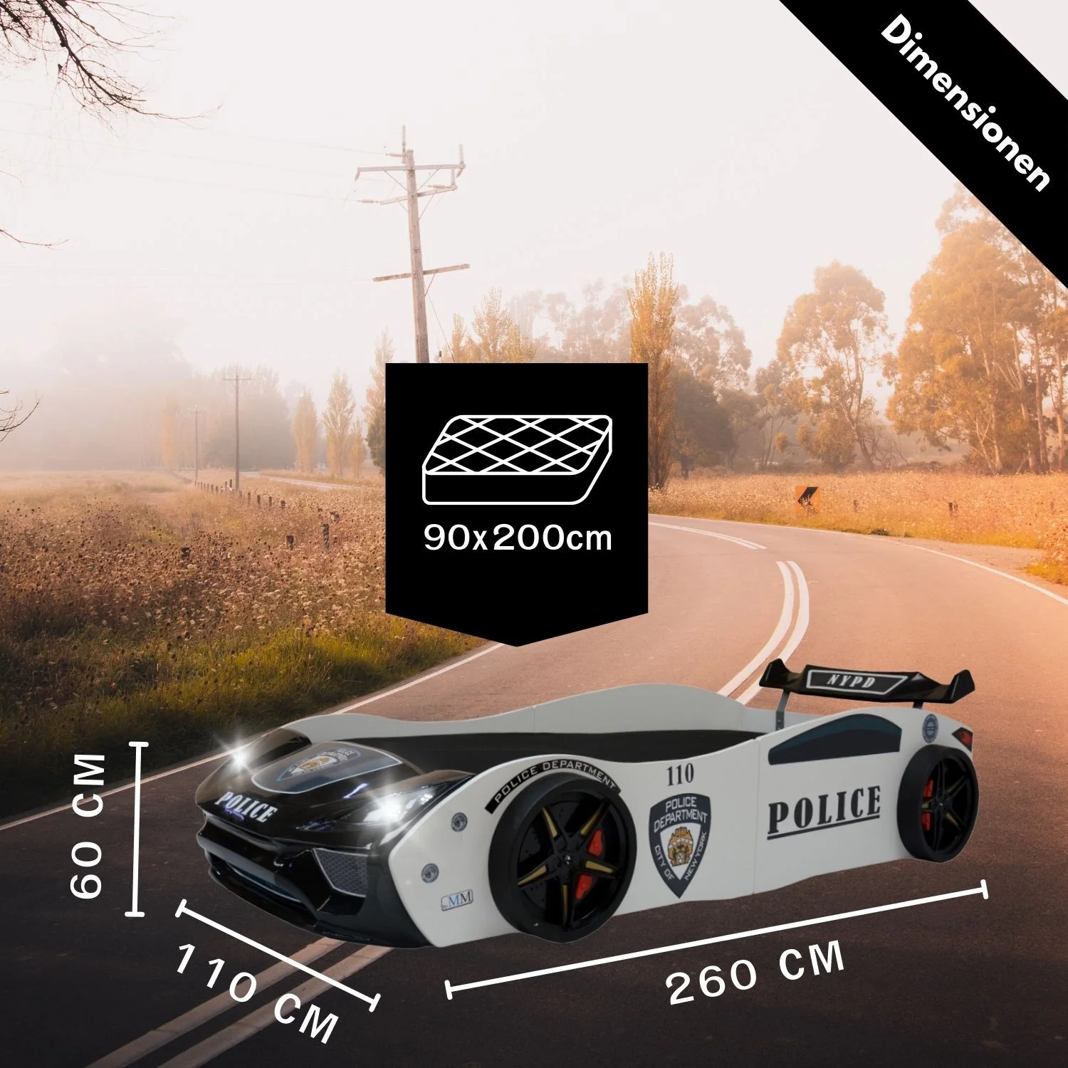 B-Ware Autobett POLICE Kinderbett 90x200 weiß inkl Spoiler, LED-Licht, Lattenrost - Image 5