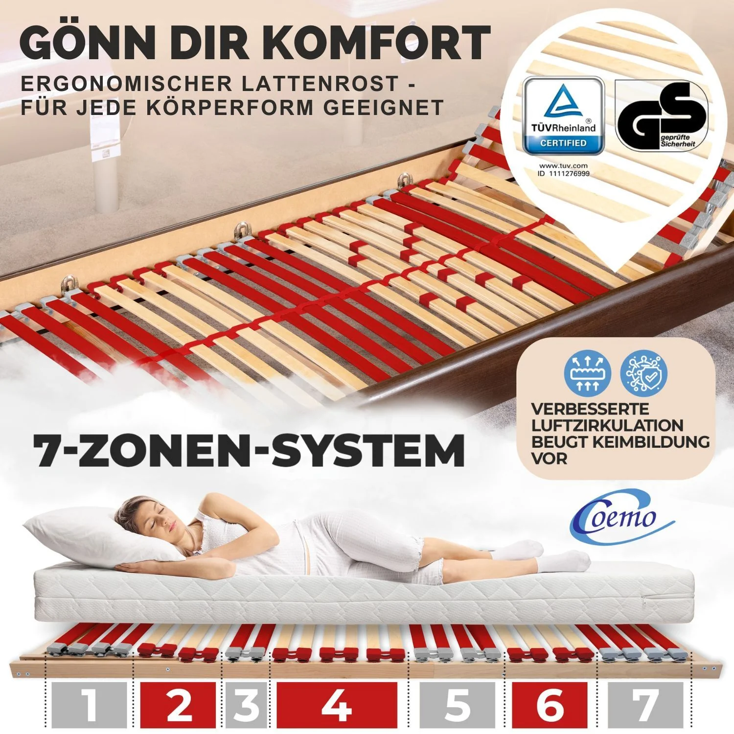 Coemo 2 Stk. Lattenrost RUBY Härtegrad verstellbar 28 Leisten 7 Zonen - Image 3