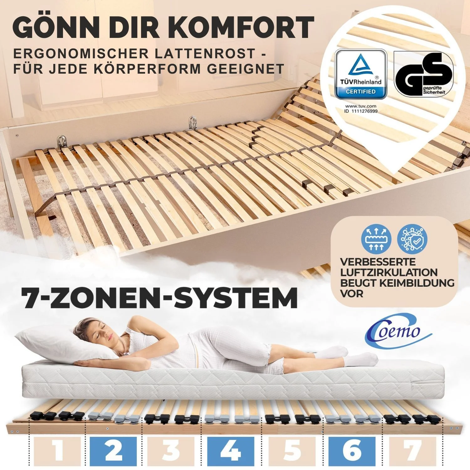 Coemo 7-Zonen Lattenrost ERGO K 140 x190 cm verstellbar Kopfteil & Härtegrad verstellbar 26 Leisten - Image 5