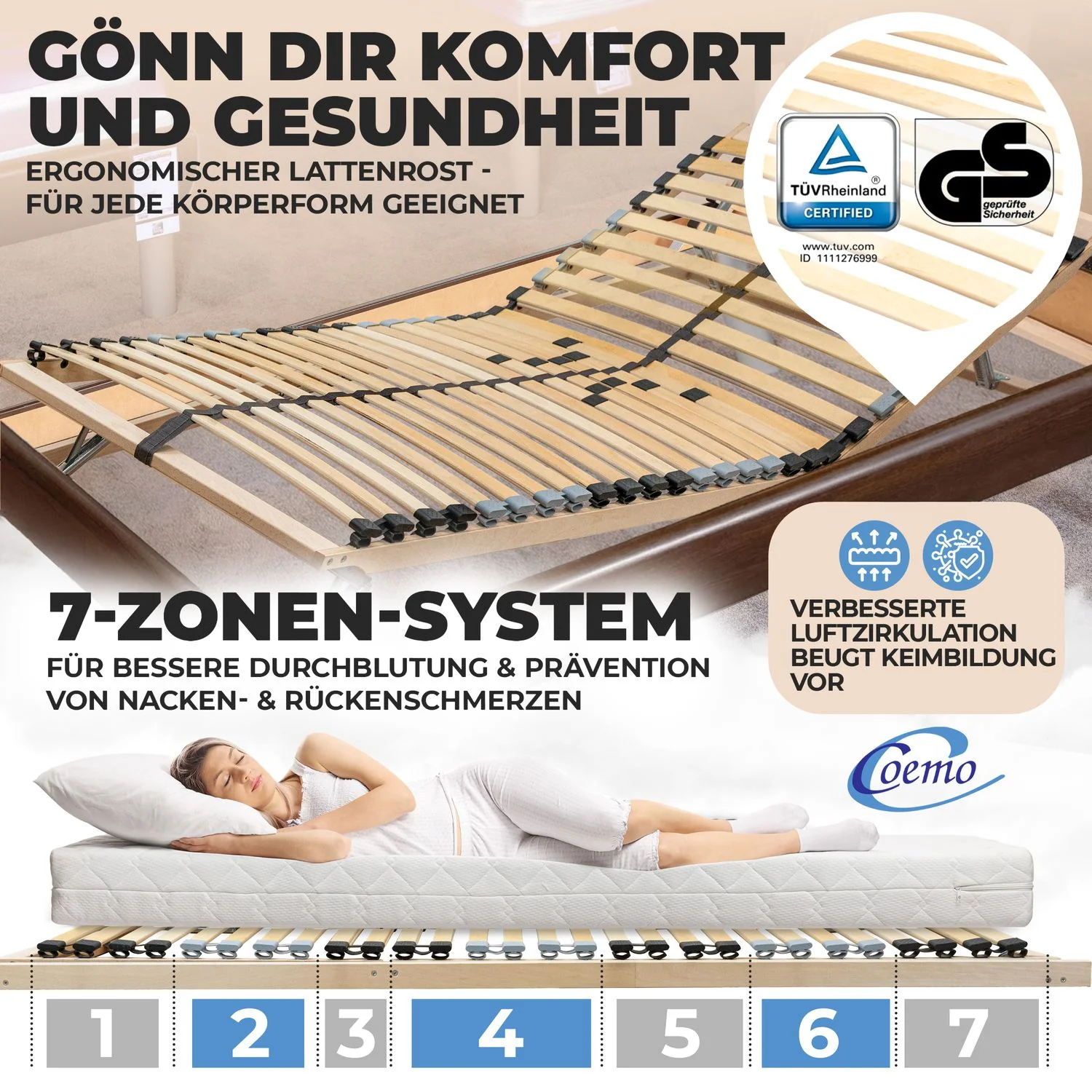 Coemo 7 -Zonen Lattenrost Ergo KF mit Kopf- & Fußteilverstellung Härtegradverstellung - Image 6