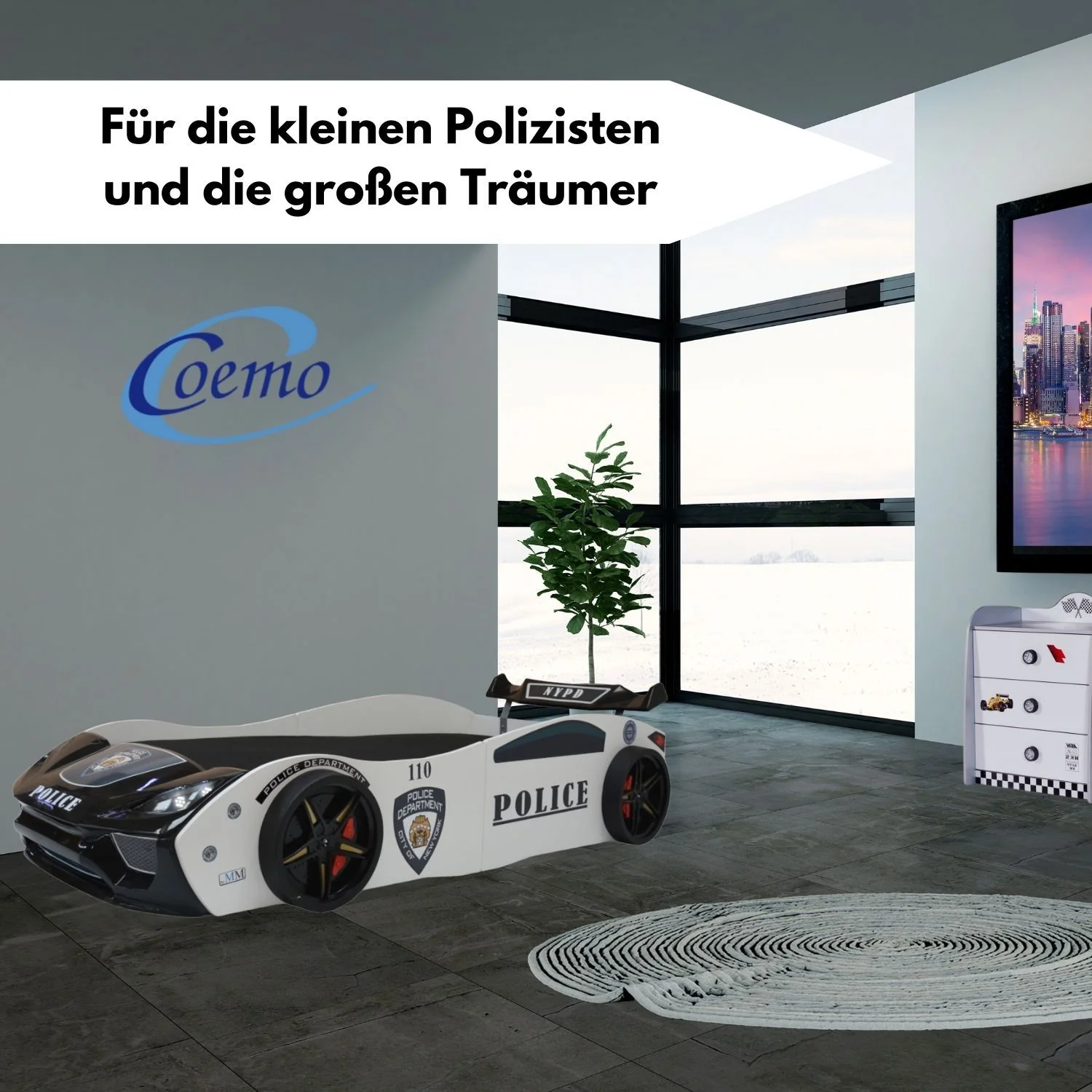 Coemo Autobett V2 POLICE Kinderbett 90 x 200 weiß mit Spoiler und Lattenrost - Image 5