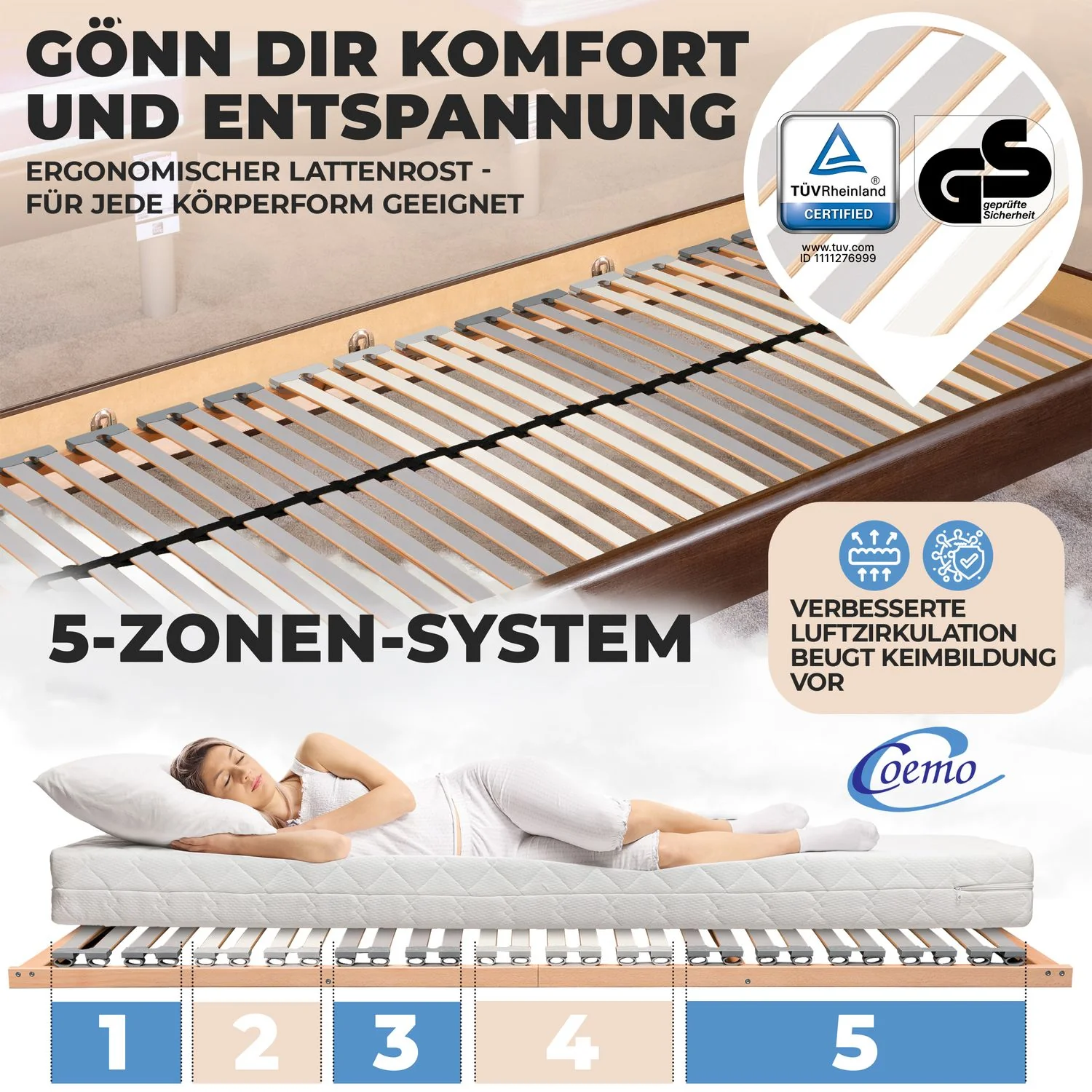 Coemo Lattenrost EasyLat starr mit Mittelgurt 28 Leisten & 5 Zonen - Image 6