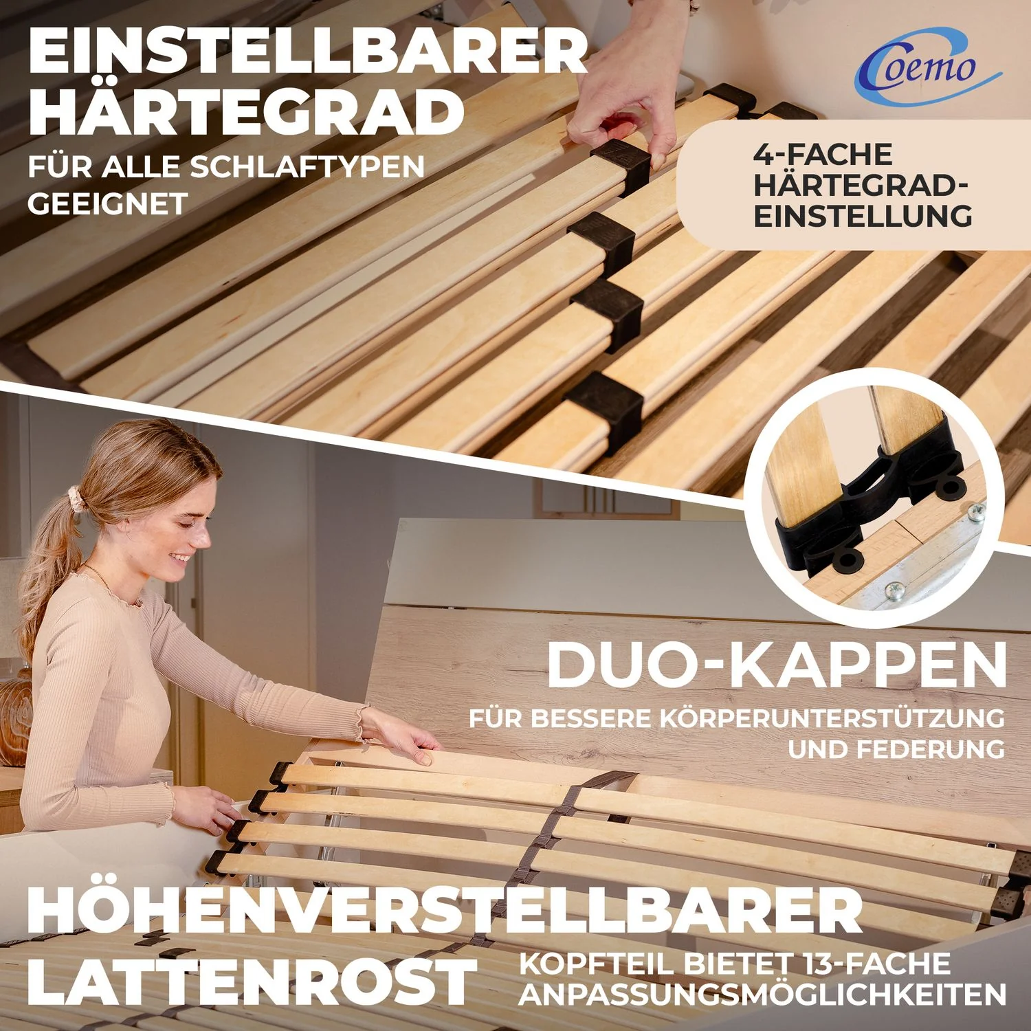 Coemo Lattenrost ERGO K 120 x220 cm Überlänge 7-Zonen 32 Leisten Kopfteil verstellbar mit Härtegradverstellung - Image 3