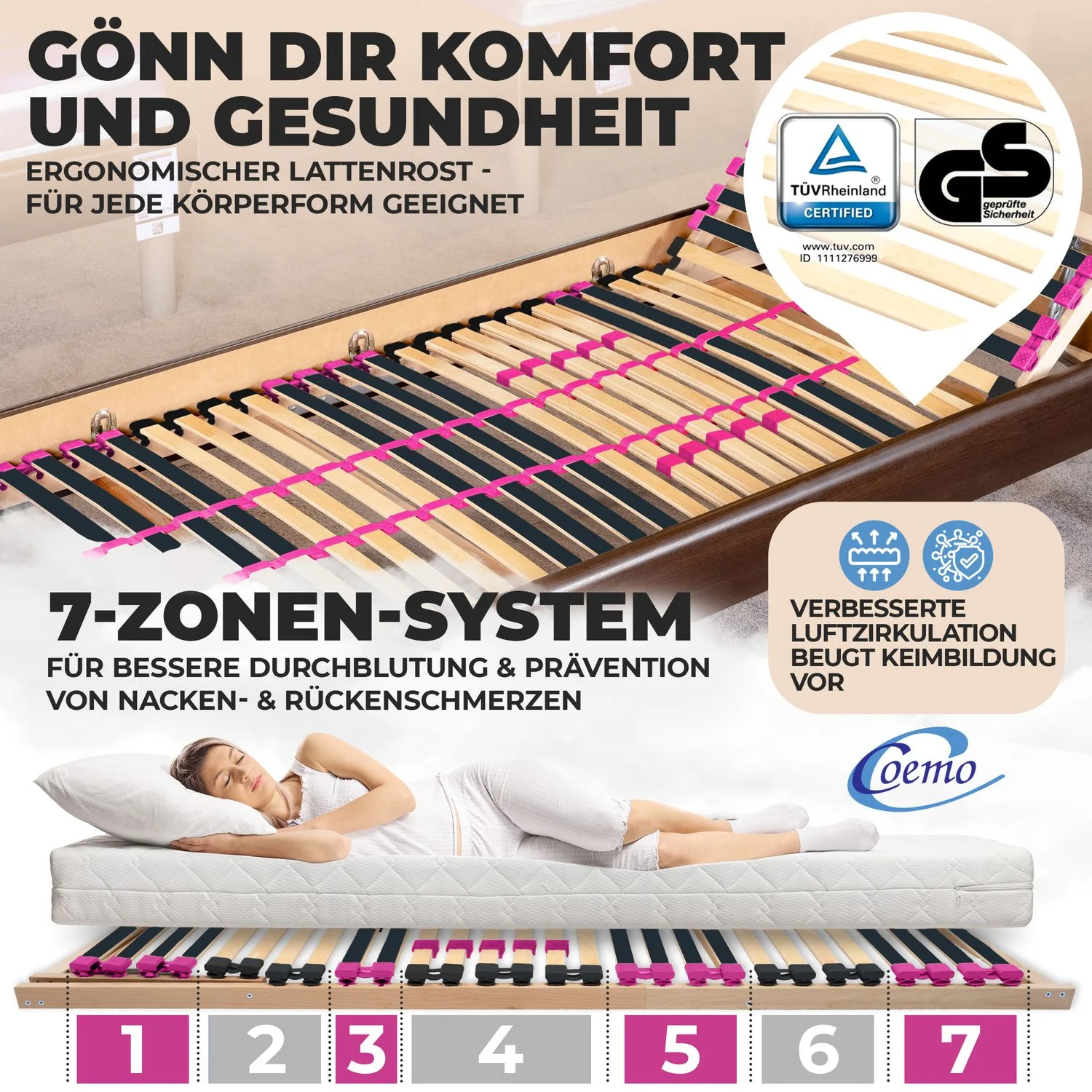 Coemo Lattenrost "PINK DREAM" Härtegrad verstellbar 28 Leisten 7-Zonen - Image 2