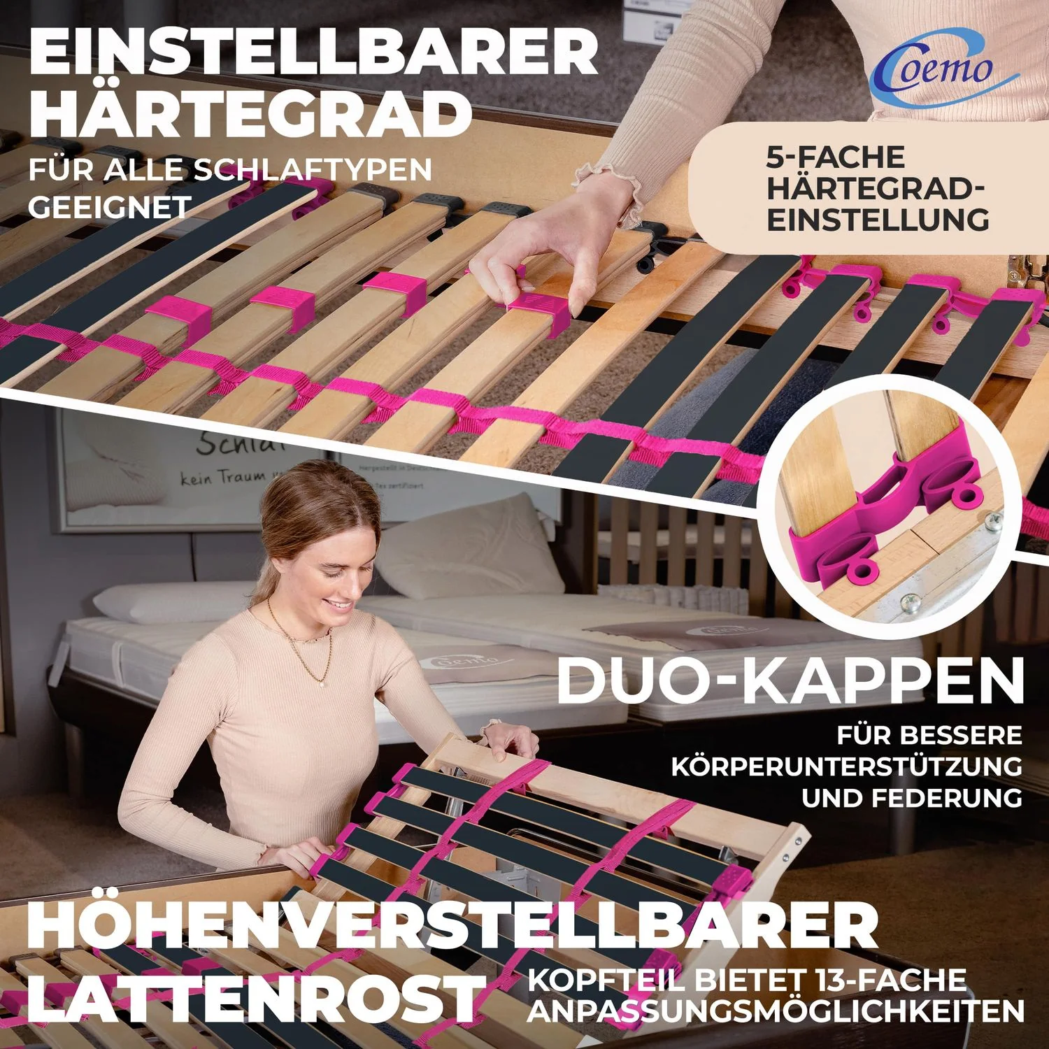 Coemo Lattenrost "PINK DREAM" Härtegrad verstellbar 28 Leisten 7-Zonen - Image 3