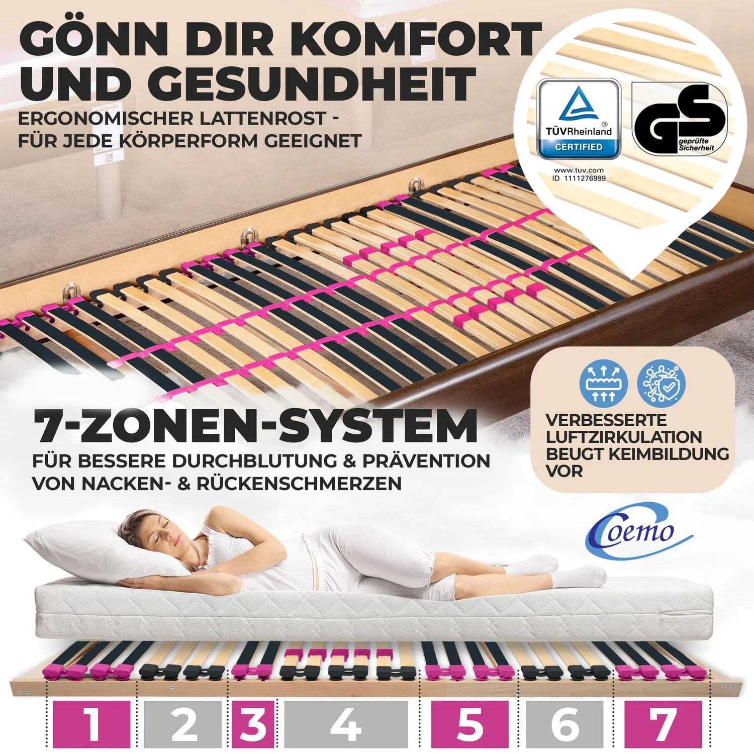 Coemo Lattenrost "PINK DREAM" Härtegrad verstellbar 28 Leisten 7-Zonen - Image 9