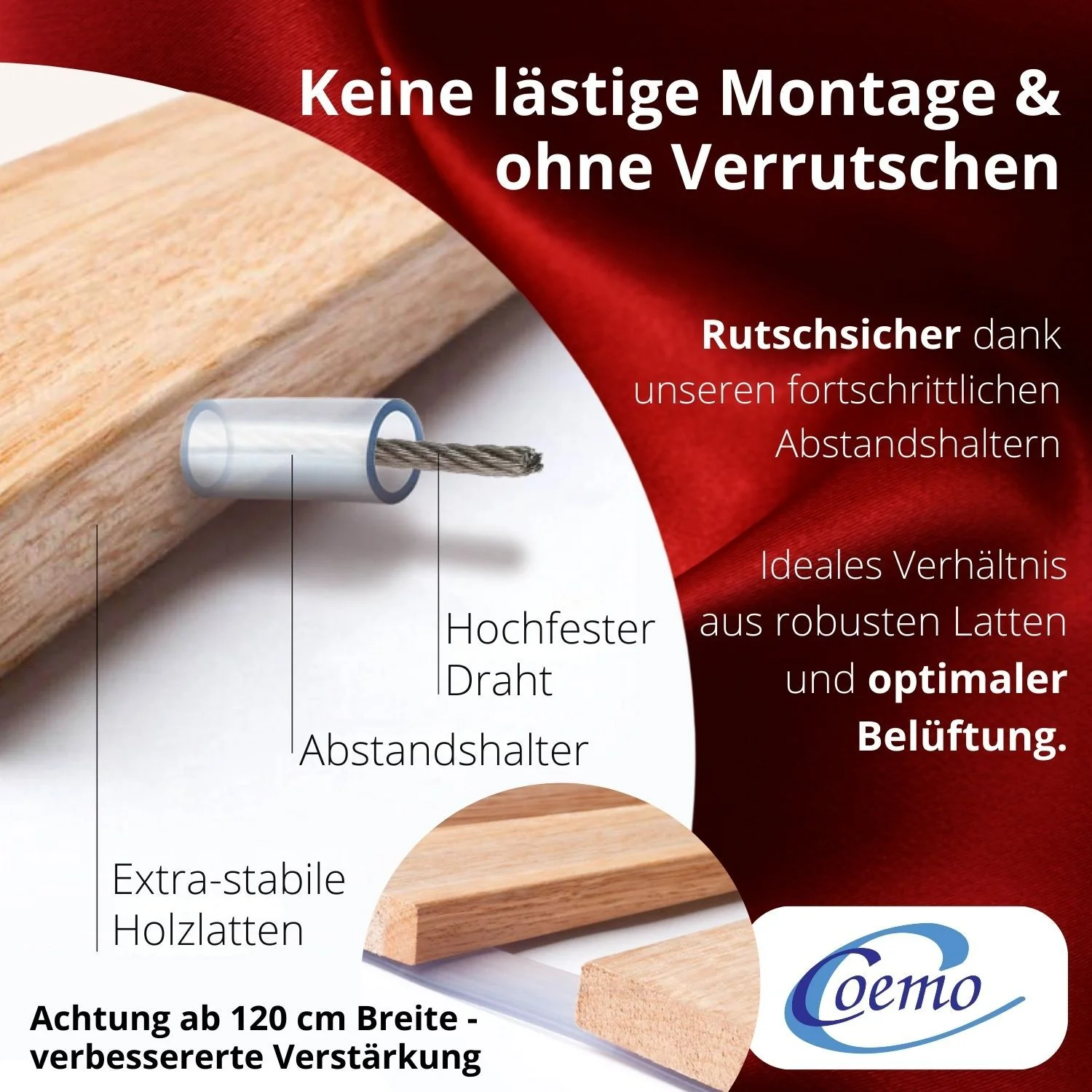 Coemo Premium Rollrost DELUXE Belastbar bis 350 kg – Ohne Montage & absolut rutschsicher - Made in Germany - Roll-Lattenrost Vollholz mit Abstandshaltern - Image 5