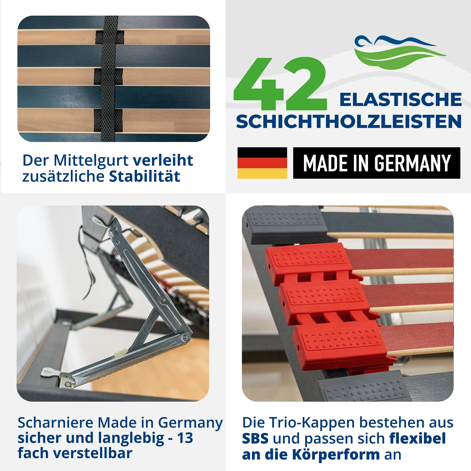Reha-Schlafwelt 7 Zonen Lattenrost RELAXANA KF komplett montiert, Kopf- & Fußteil verstellbar, 42 Leisten, bis 200 kg belastbar, mit Mittelgurt - Image 32